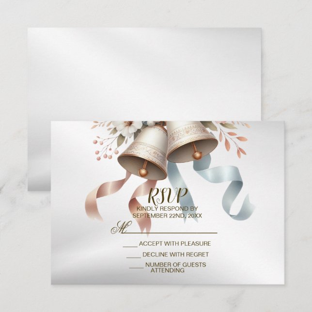 Wedding Flowers Bells Pink Blue Ribbons Beautiful RSVP Card (Front/Back)