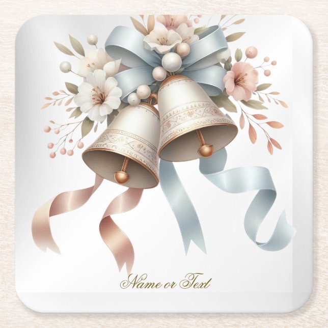 Wedding Flowers Bells Pink Blue Ribbons Beautiful Square Paper Coaster (Front)
