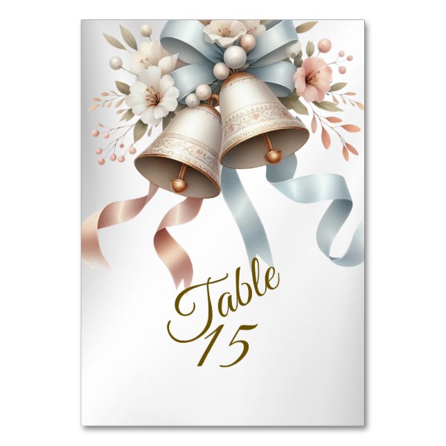 Wedding Flowers Bells Pink Blue Ribbons Beautiful Table Number (Front)
