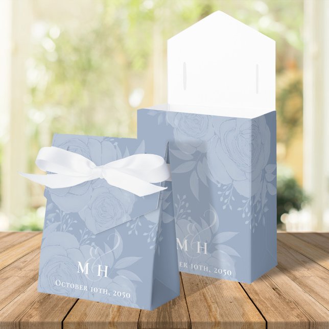 Wedding Flowers Botanical Blue Script Typography  Favour Box (Elegant wedding favor box with ribbon and calligraphy script monogram ampersand. )
