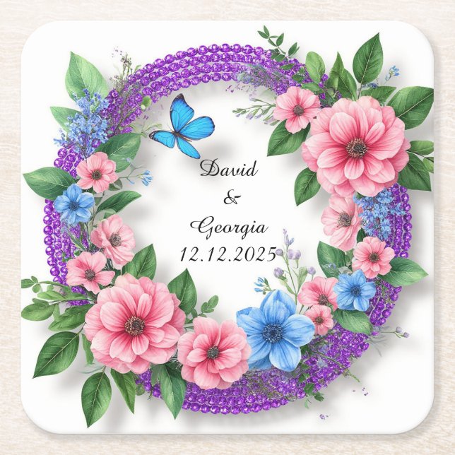 Wedding Flowers Circular Frame Square Paper Coaster (Front)