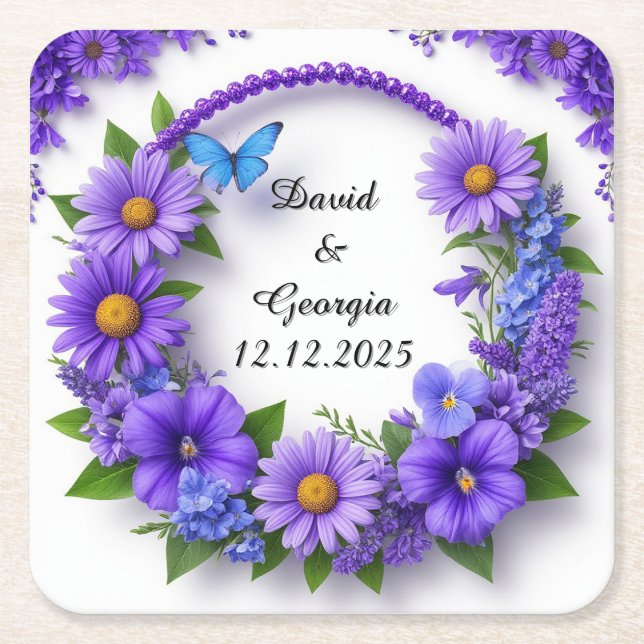 Wedding Flowers Circular Frame Square Paper Coaster (Front)