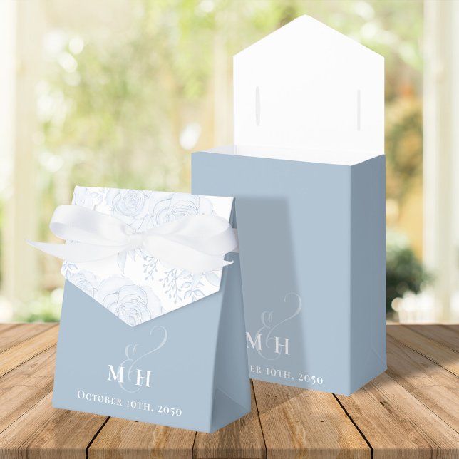 Wedding Flowers Dusty Blue Botanical Monogram  Favour Box (Elegant wedding favor box with ribbon and calligraphy script monogram ampersand. )
