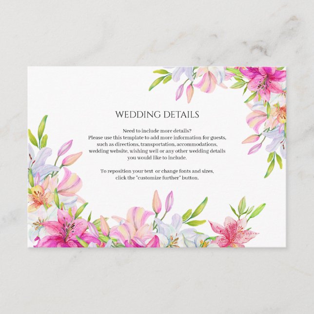 Wedding Flowers Lilies and Birds Watercolor Enclosure Card (Front)