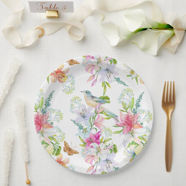 Wedding Flowers Lilies and Birds Watercolor   Paper Plate (Wedding)