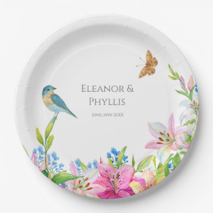 Wedding Flowers Lilies and Birds Watercolor Paper Plate