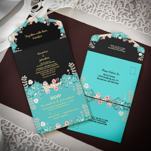 Wedding Flowers Watercolor Florals Black Foil  All In One Invitation