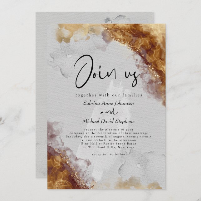 WEDDING | Fluid Amber Pewter Alcohol Ink Invitation (Front/Back)