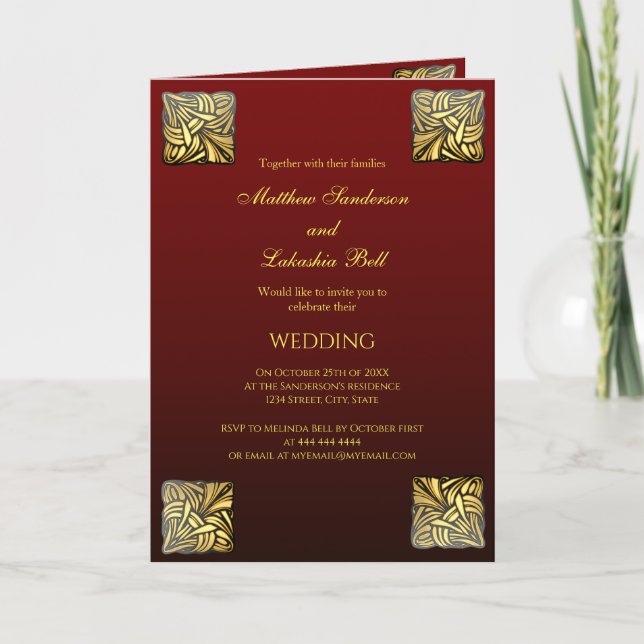 Wedding folded card burgundy gold with menu (Front)