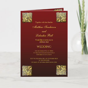 Wedding folded card burgundy gold with menu