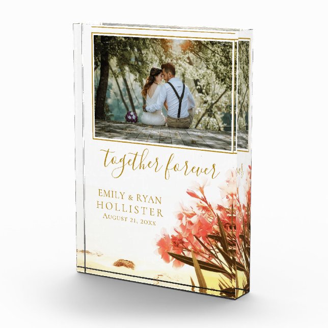 Wedding Forever Golden Script Oleander Floral Photo Block (Right)