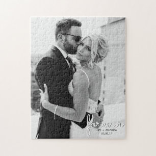 Wedding Forever Names Date Photo Black and White Jigsaw Puzzle