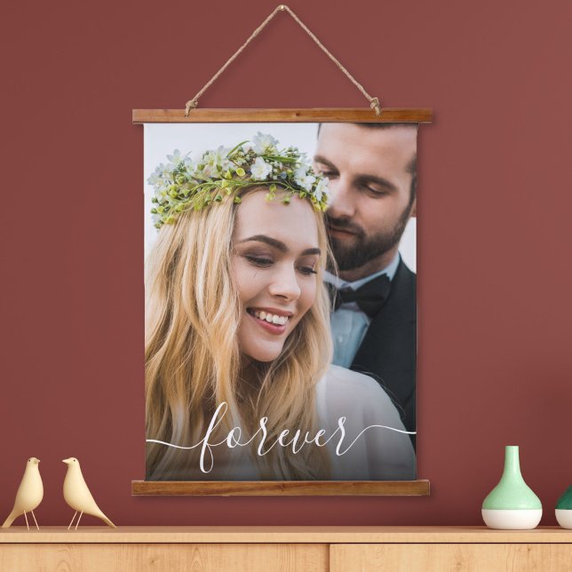Wedding Forever White Script Photo Overlay Hanging Tapestry (Creator Uploaded)