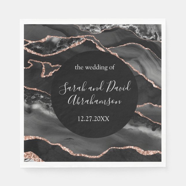 Wedding Formal Black and Rose Gold Glitter Agate Napkin (Front)