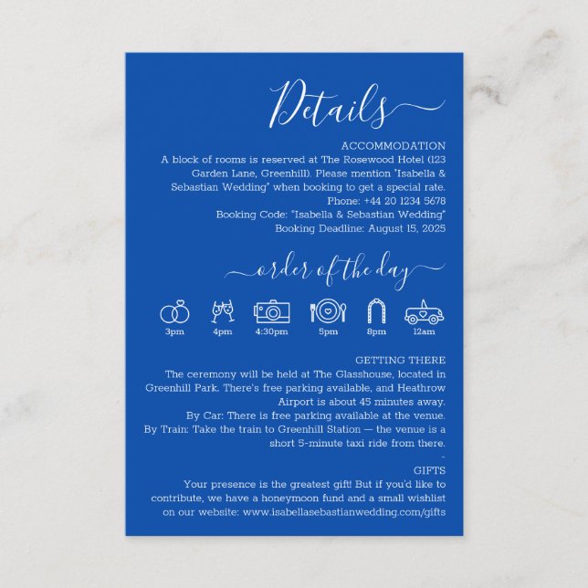 Wedding Formal Cobalt Blue Details Enclosure Card (Front)