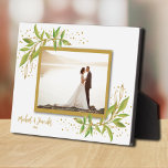 Wedding Frameless Photo Tabletop Easel Back Plaque<br><div class="desc">Tabletop plaque with a built-in easel features your favourite photo accented with beautiful watercolor green and gold leaves and dots. Great as a gift or to display your favourite photo in your own home. Your image colours are put directly on the hardboard panel for a stunningly crisp image with an...</div>