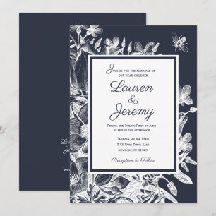 Wedding French Farmhouse Floral Navy & White Invitation