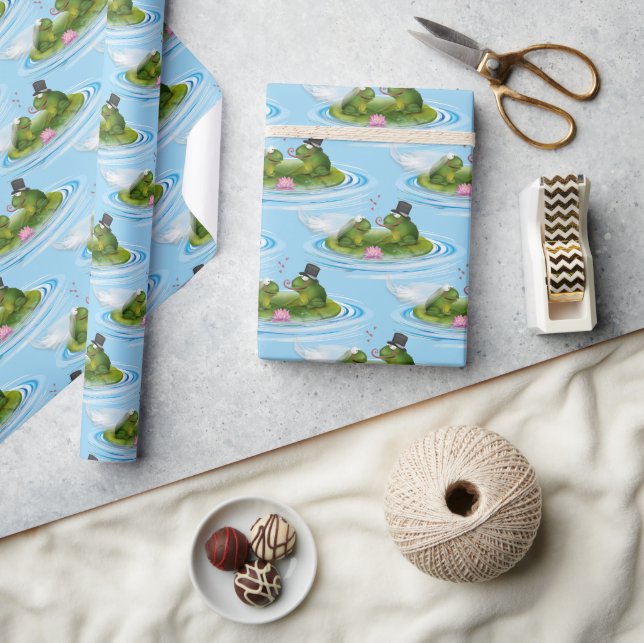 Wedding Frogs on Lily Pad with Hearts Wrapping Paper (Crafts)