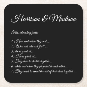 Wedding Fun Facts Custom Couple Script names  Square Paper Coaster
