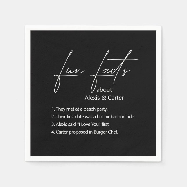 Wedding Fun Facts On Black Napkin (Front)