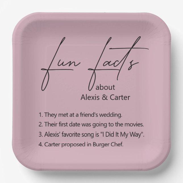 Wedding Fun Facts On Dusty Rose Paper Plate (Front)