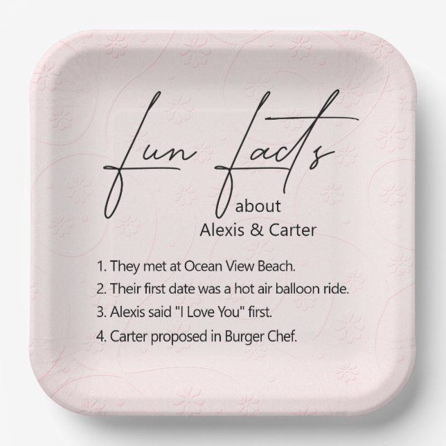 Wedding Fun Facts On Embossed Pink Blush Paper Plate (Front)