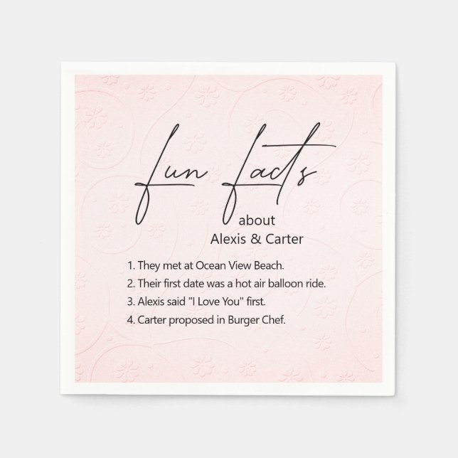 Wedding Fun Facts On Pink Embossed Flowers Napkin (Front)