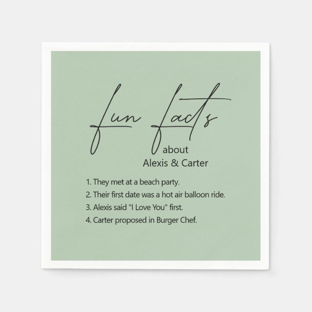 Wedding Fun Facts On Sage Green Napkin (Front)