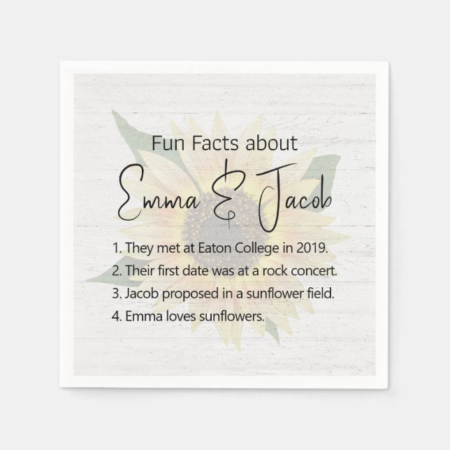 Wedding Fun Facts on Sunflower and Wood  Napkin (Front)