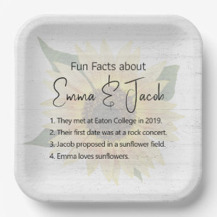 Wedding Fun Facts on Sunflower and Wood Paper Plate