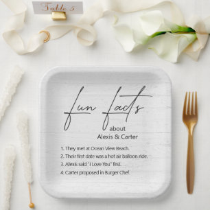 Wedding Fun Facts On White Washed Wood Paper Plate