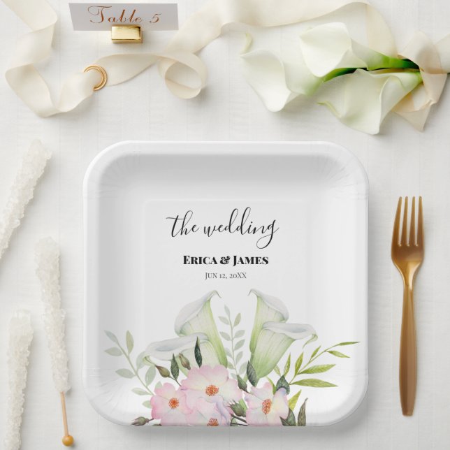 Wedding Gentle White Calla Lily Roses Thank You Sq Paper Plate (Wedding)