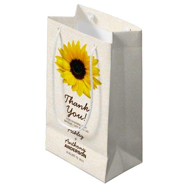 Wedding Gift Bag Sunflower Yellow Brown Lace (Front Angled)