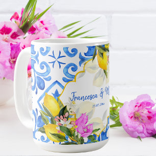 Wedding Gift Blue tiles lemon Bougainvillea custom Coffee Mug