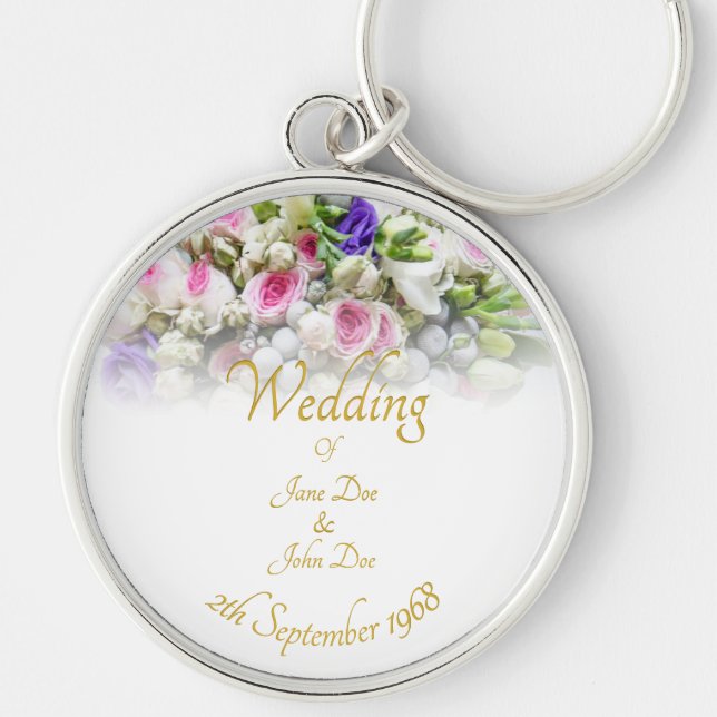 Wedding Gift - Bride with colourful wedding bouque Key Ring (Front)