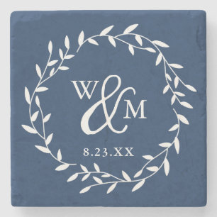 Wedding Gift Keepsake Floral Wreath Monogram Stone Coaster
