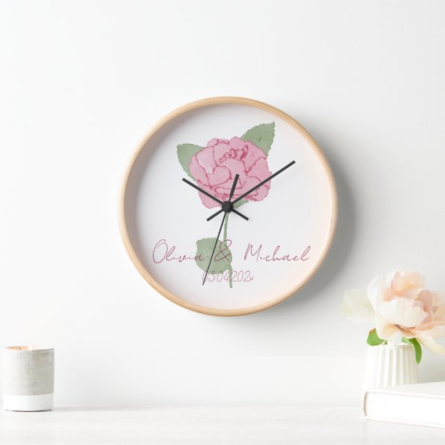 Wedding gift Name Rose Flower Watercolor Script  Clock (Home)