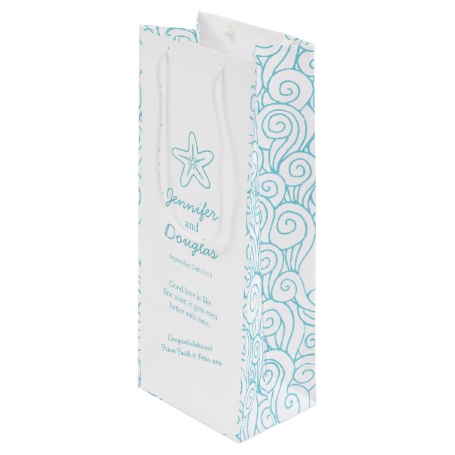Wedding gift personalised starfish blue wine bag (Front Angled)
