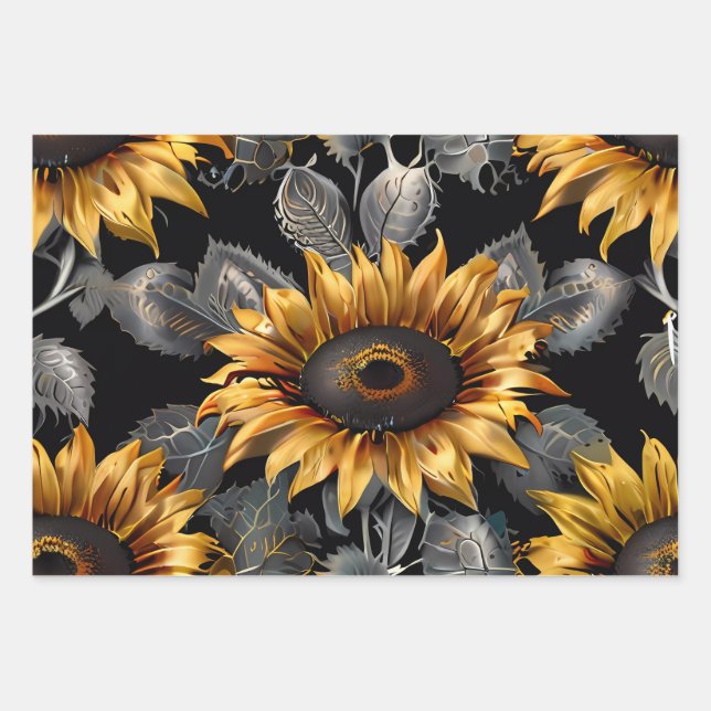 Wedding Gift Silver & Gold Sunflower  Wrapping Paper Sheet (Front)