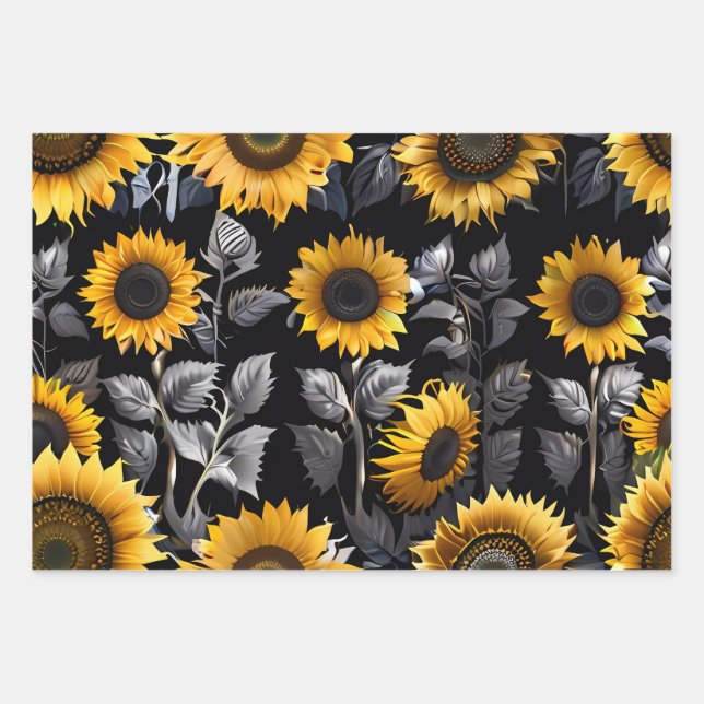 Wedding Gift Silver & Gold Sunflower Wrapping Paper Sheet (Front)