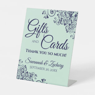 Wedding Gifts & Cards Lacy Mint Green & Navy Blue Pedestal Sign