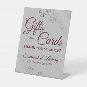 Wedding Gifts & Cards Lacy Silver Burgundy on Grey Pedestal Sign
