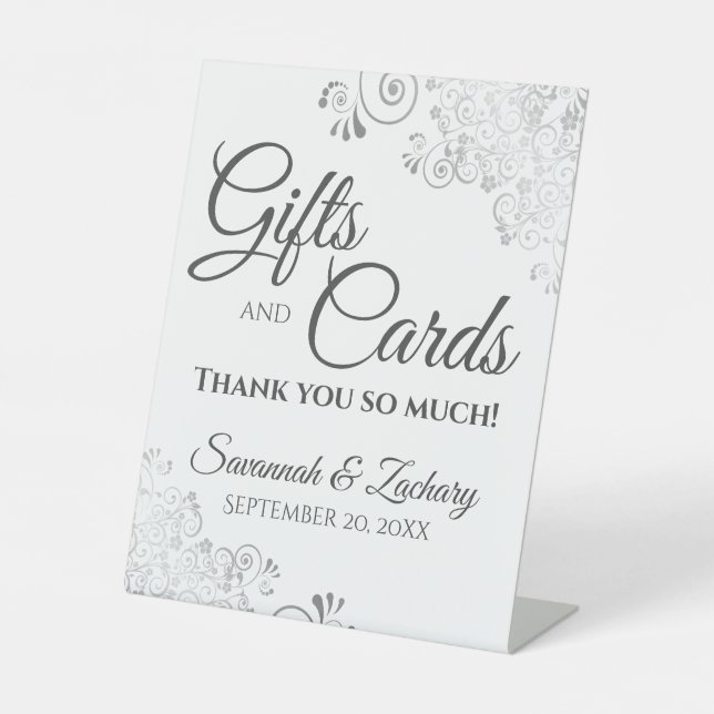 Wedding Gifts & Cards Lacy Silver Grey on White Pedestal Sign (Front)