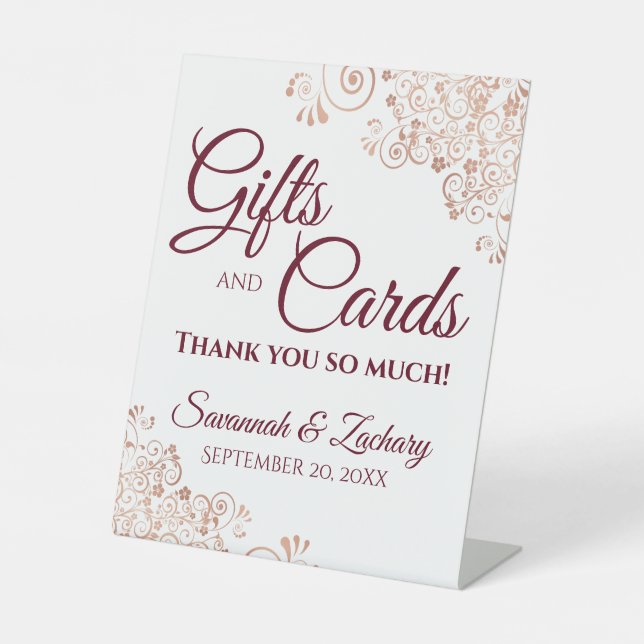 Wedding Gifts & Cards Rose Gold Frills & Burgundy Pedestal Sign (Front)