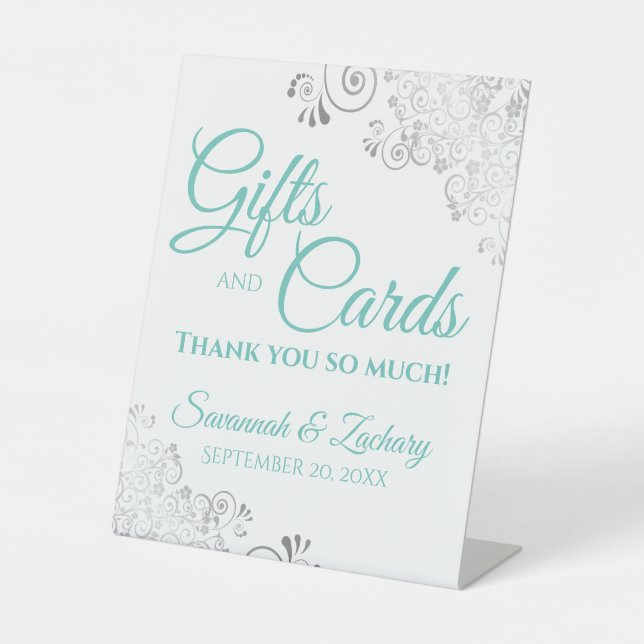 Wedding Gifts & Cards Silver Frills & Aqua Teal Pedestal Sign (Front)