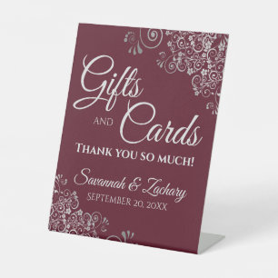 Wedding Gifts & Cards Silver Frills on Burgundy Pedestal Sign