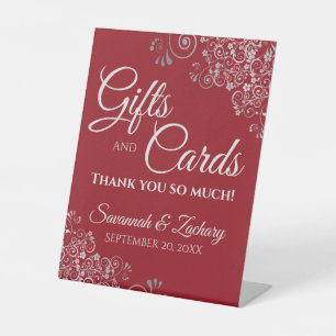 Wedding Gifts & Cards Silver Frills on Crimson Red Pedestal Sign