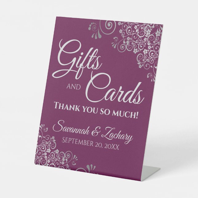 Wedding Gifts & Cards Silver Frills on Magenta Pedestal Sign (Front)