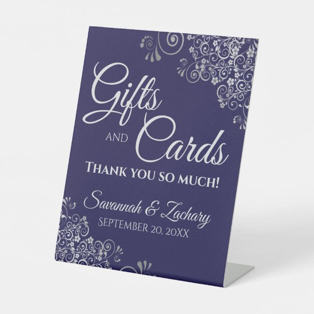 Wedding Gifts & Cards Silver Frills on Navy Blue Pedestal Sign (Front)