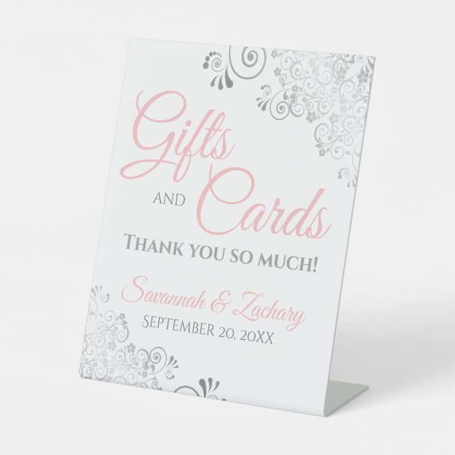 Wedding Gifts & Cards Silver Frills Pink on White Pedestal Sign (Front)